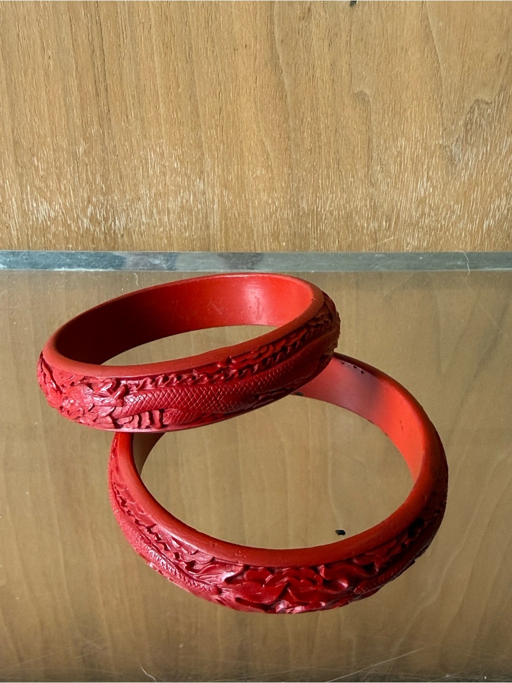 Set of 2 Vintage Red Chinese Dragon Carved Resin Bangle Bracelet
